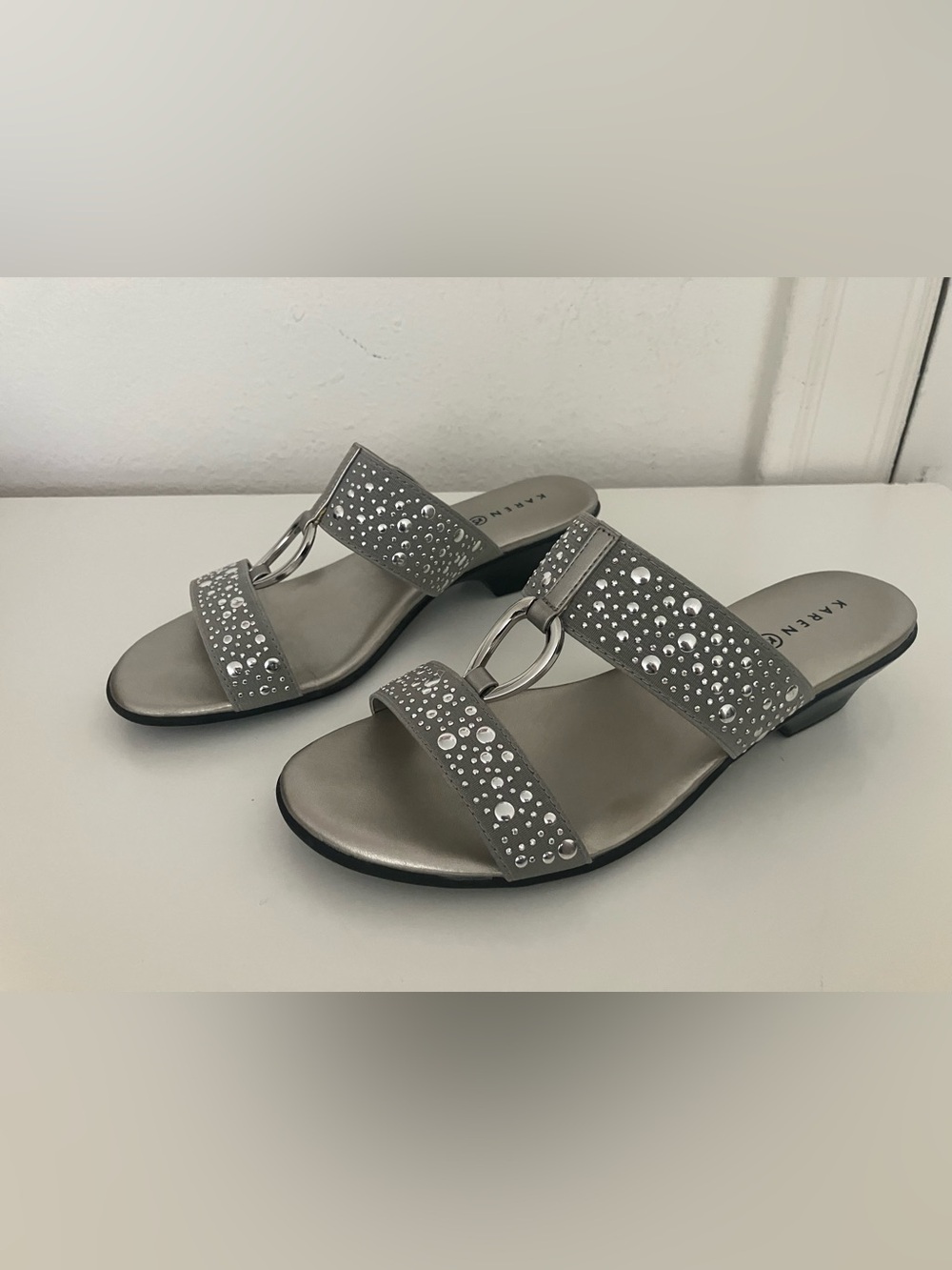 Karen Scott Silver Rhinestone Ring Slide Sandals, size 7W
